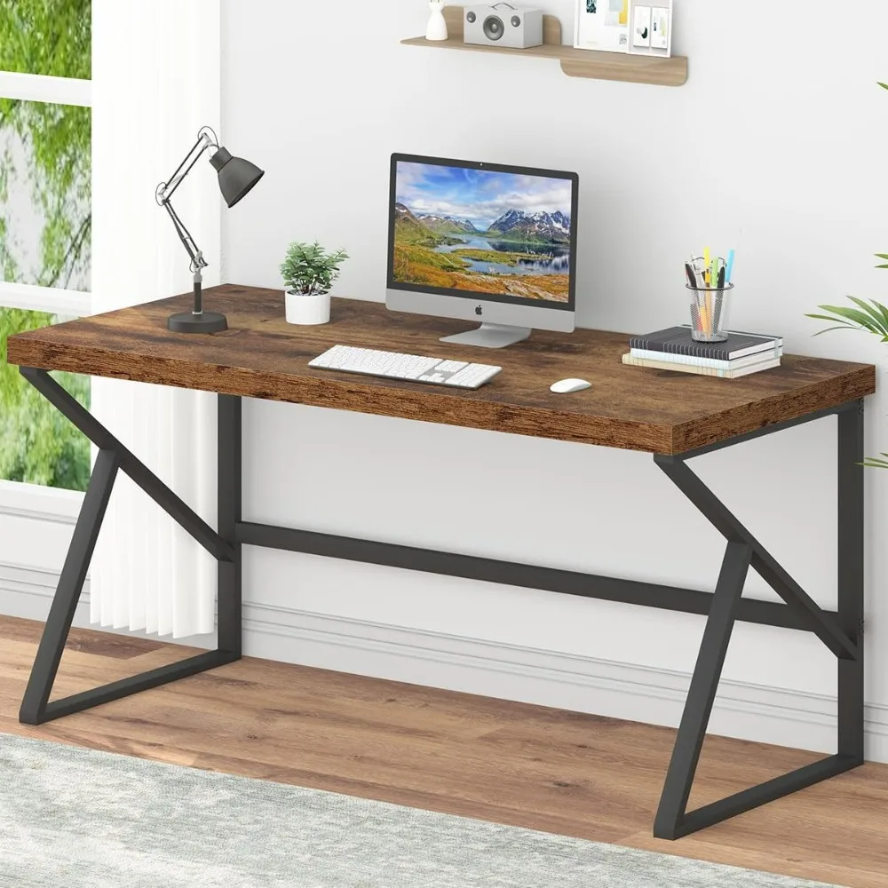 

Industrial Home Office Computer Desk, Farmhouse Metal and Wood Desk Computer Table, Simple Bedroom Laptop PC Desk Workstation