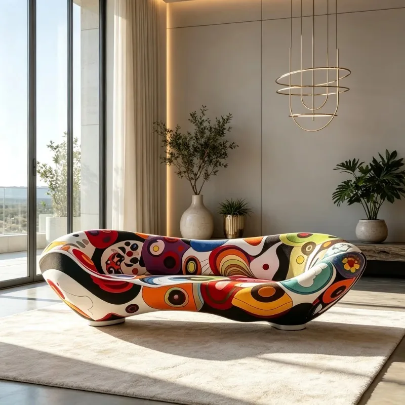 Wooden curved recliner sofa, abstract color graffiti art printing decoration sofa, suitable for villa hotel