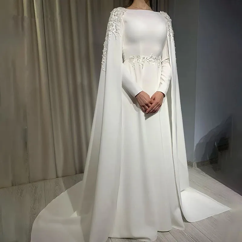 

Arabic Muslim Wedding Dress Cape Long Sleeves A Line High Neck Bride Dress Lace Appliques Sweep Train Vestido De Novia