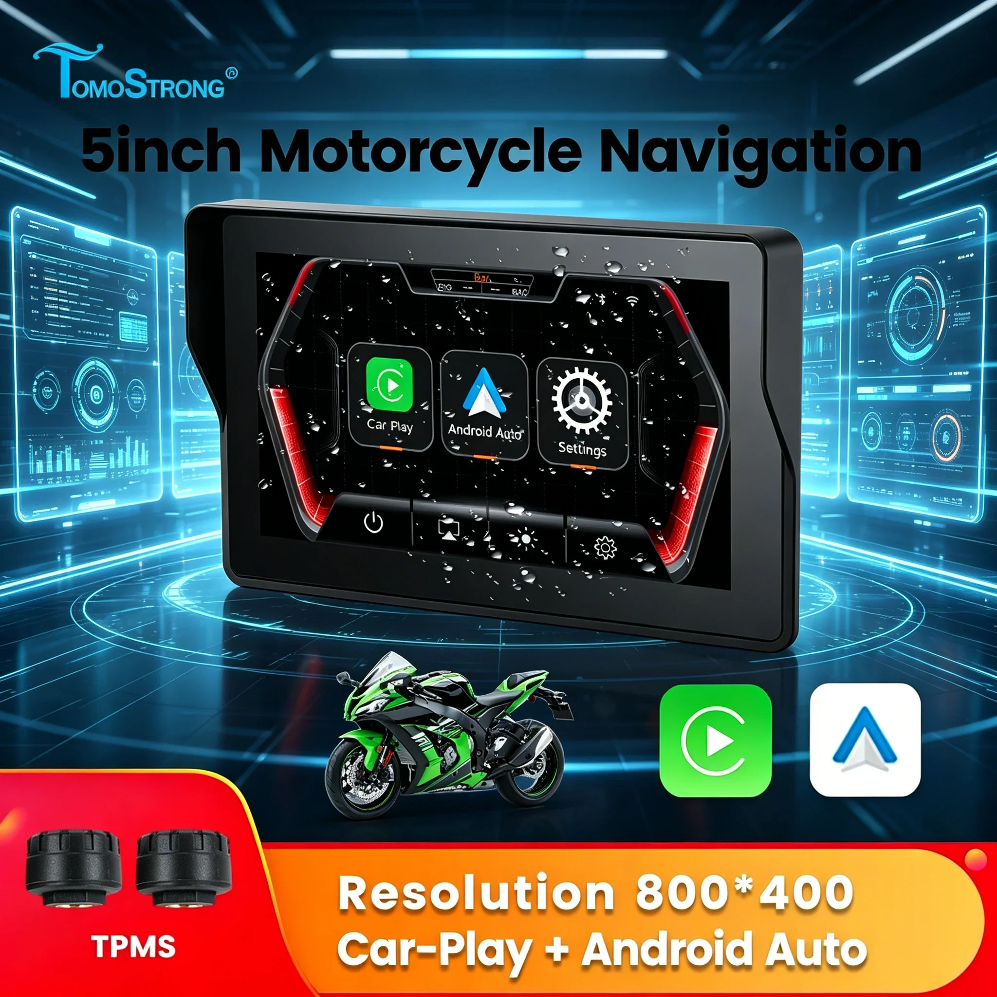 

TomoStrong 5 inch Navigation Motorcycle Waterproof Carplay Display Screen Portable Motorcycle Wireless Android Auto Monitor TPMS