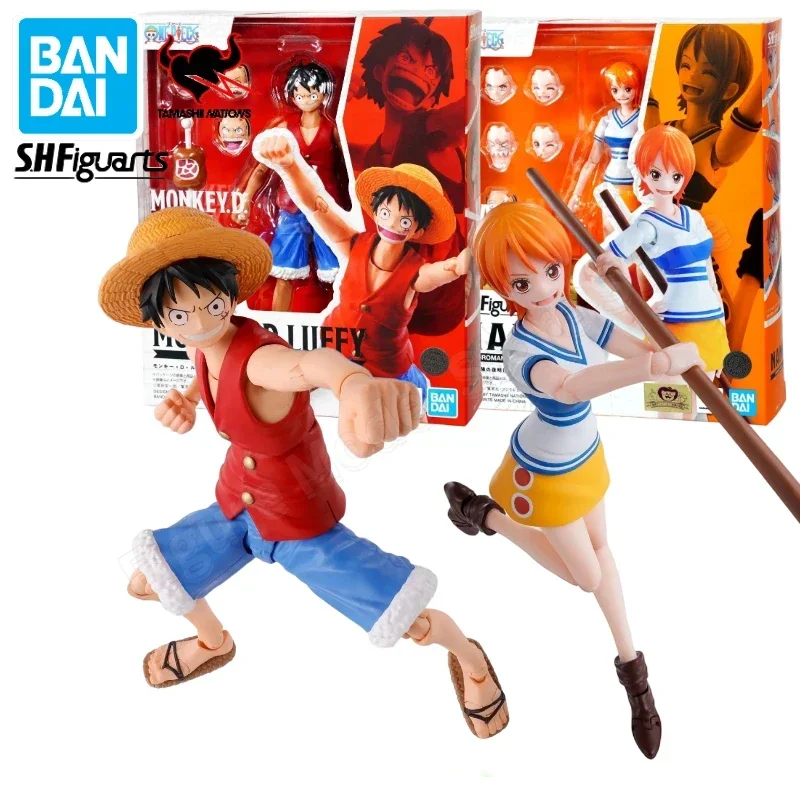 Em estoque 100% bandai original s.h. figuarts shf uma peça macaco d luffy nami romance amanhecer anime figuras de ação brinquedos modelos