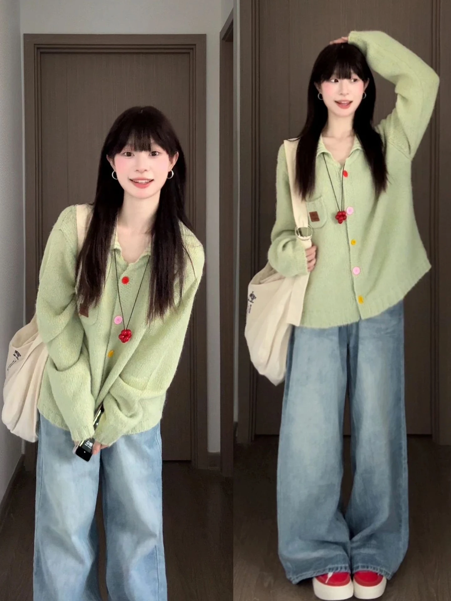 

Вязаный свитер с радужными пуговицами, женское свободное пальто Lazy Sle, мягкий тонкий воротник, весенне-осенняя хлопковая теплая верхняя одежда