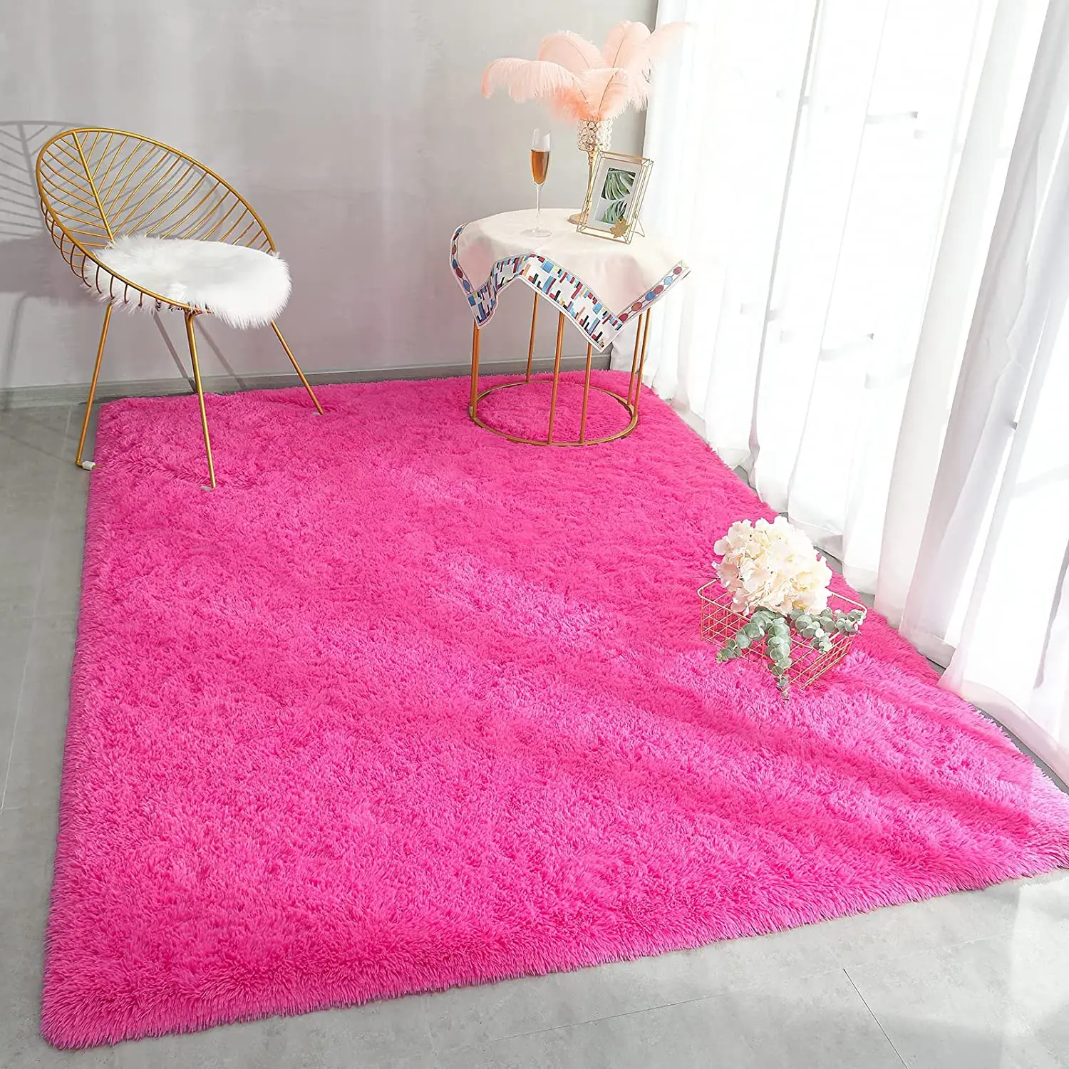 Fluffy Shag Bedroom Rug Hot Pink Area Rugs for Living Room Fuzzy Plush Dorm Rug Furry Carpet for Indoor Modern Soft Home Decor