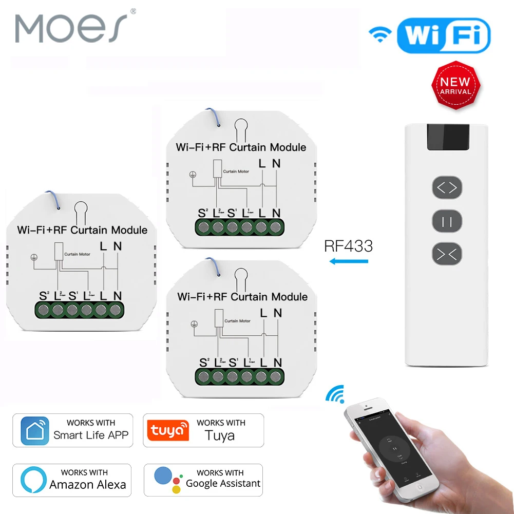 WiFi RF433 Blinds Curtain Switch with Remote for Electric Roller Shutter Sunscreen Tuya Smart Life Google Home Alexa Smart Home