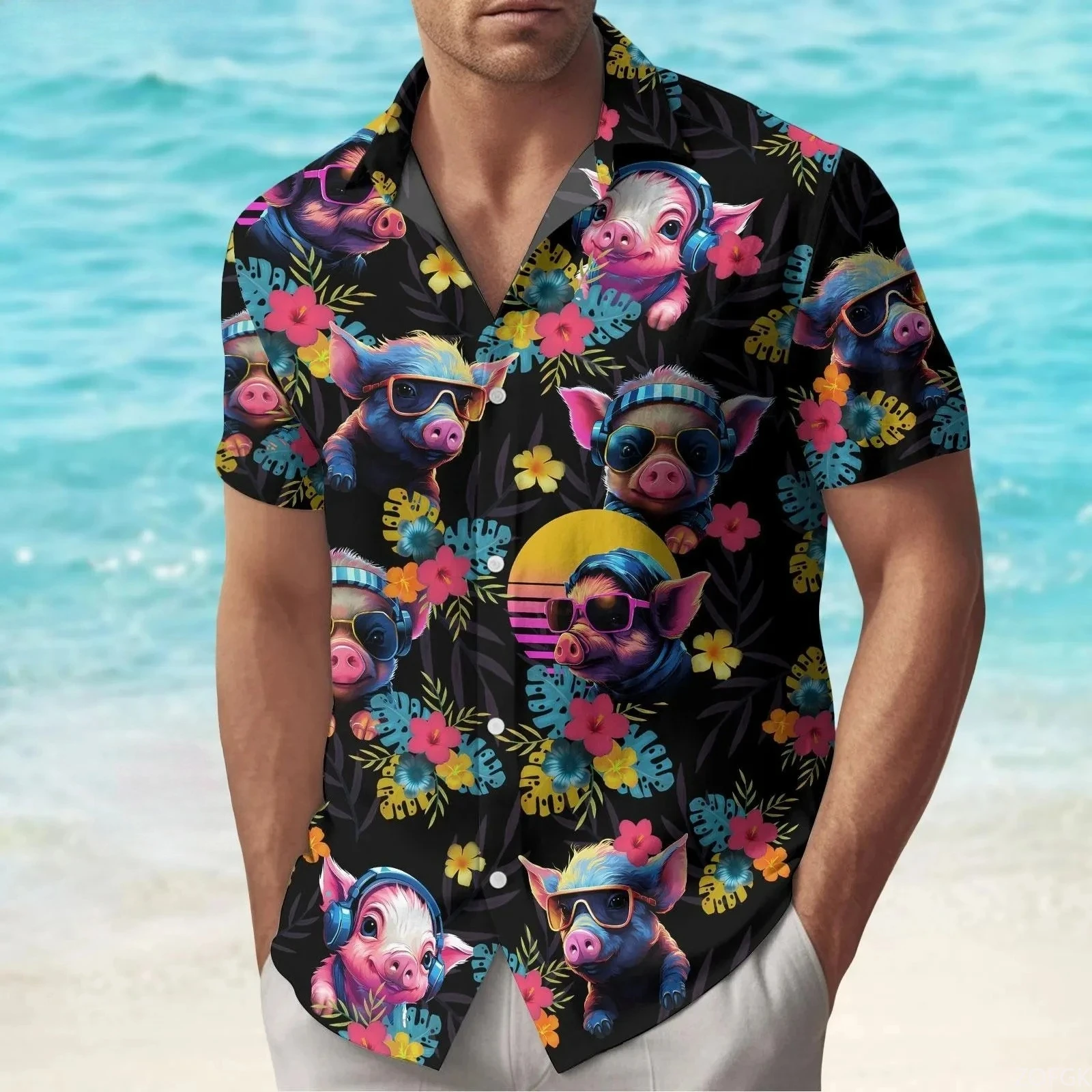 قميص هاواي صيفي خنزير وردي صيفي ألوها قميص ملابس قميص هاواي صيفي #3