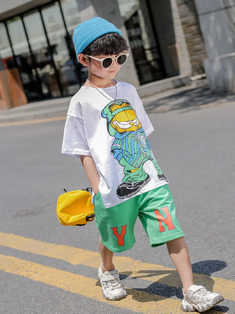 Fashion Summer Teenage Boy Clothes Boys for 4 6 8 10 12 14 Year Hiphop Korean Casual T-Shirt Shorts 2Pcs Sets Funny Cartoon Suit