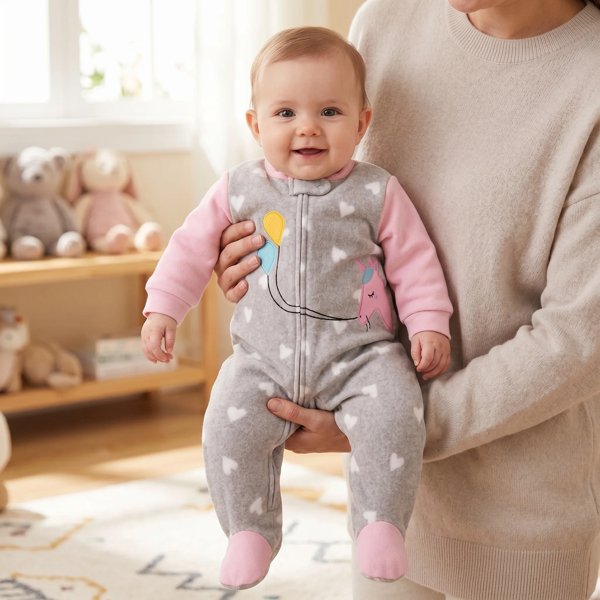 Infant Girl Contrast Sleeve Polar Fleece Footed Romper Polka Dot Heart Print Cartoon Embroidery Zip Onesie Fall Winter Baby Wear