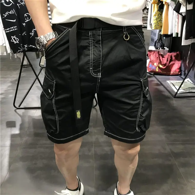 Bermudas con cremallera para hombre, pantalones cortos Cargo sólidos, bolsillos con botones negros, cintura elástica, nuevo