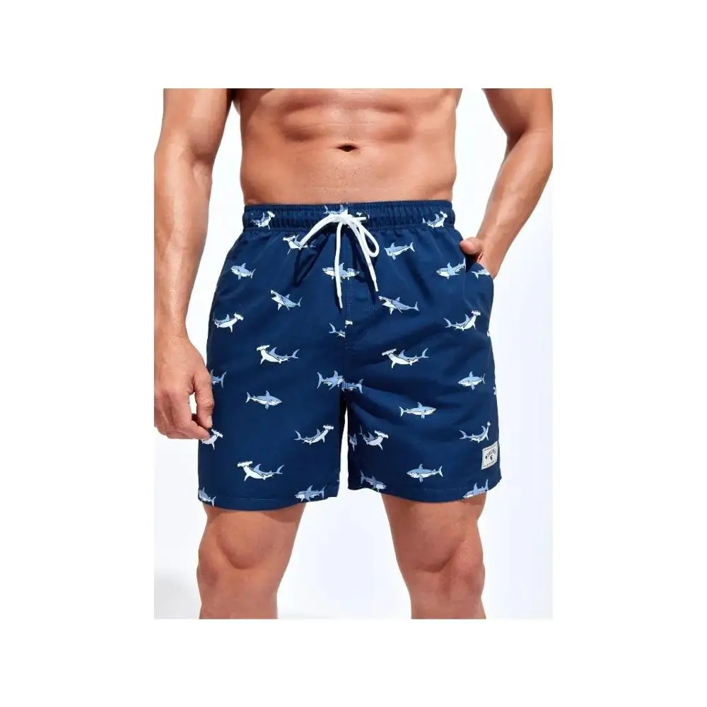 

Men's Shark Print Hawaiian Swim Trunks, Drawstring Waist Casual Beach Shorts