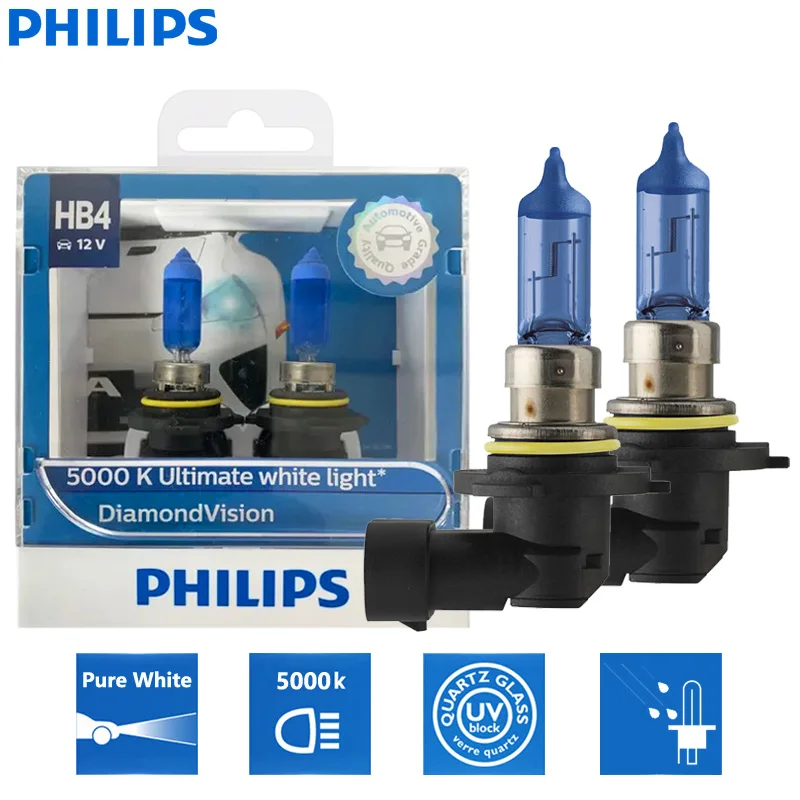 

Philips HB4 9006 12V 55W P22d Diamond Vision 5000K Super White Light Halogen Bulb Auto Head Light Lamps 9006DVS2, Pair