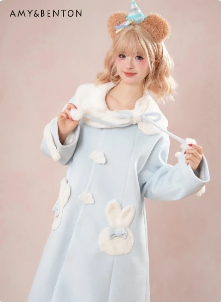 

Осень-зима 2022, новинка, горячая распродажа, мягкое шерстяное пальто средней длины для девочек, милый милый пригородный стиль, синий бант, шарф с воротником