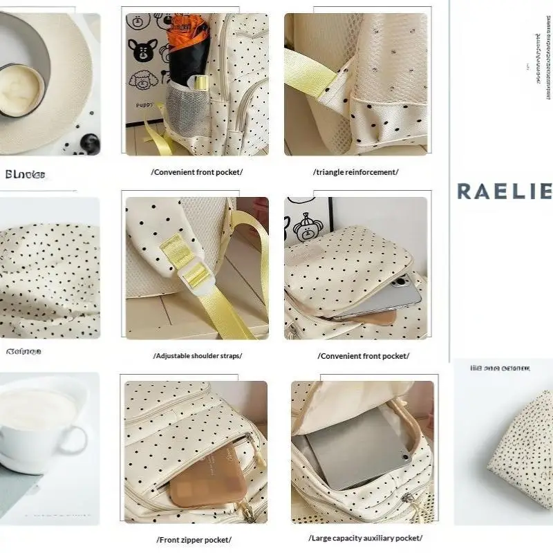 Nylon-Rucksack-Set mit Polka Dots, mehrere Fächer, Reißverschluss, Mädchen-Rucksack-Set, Aufbewahrung von Schreibwaren, Studentenrucksack, Mädchen-Geschenke – Detail 30
