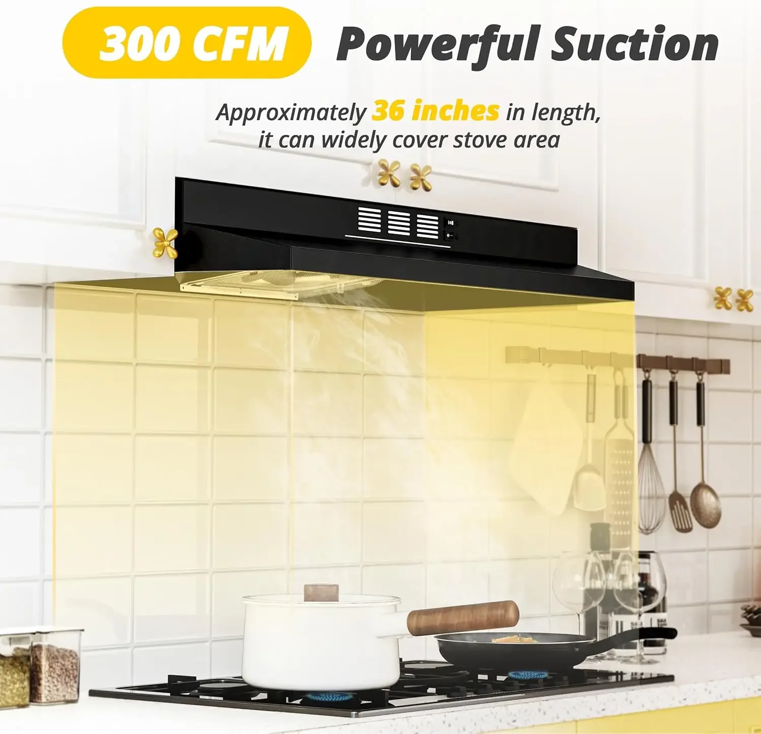 Black Range Hood 36 inch Under Cabinet, Ducted/Ductless Convertible Kitchen Hood, Black Painted Stainless Steel Vent Hood