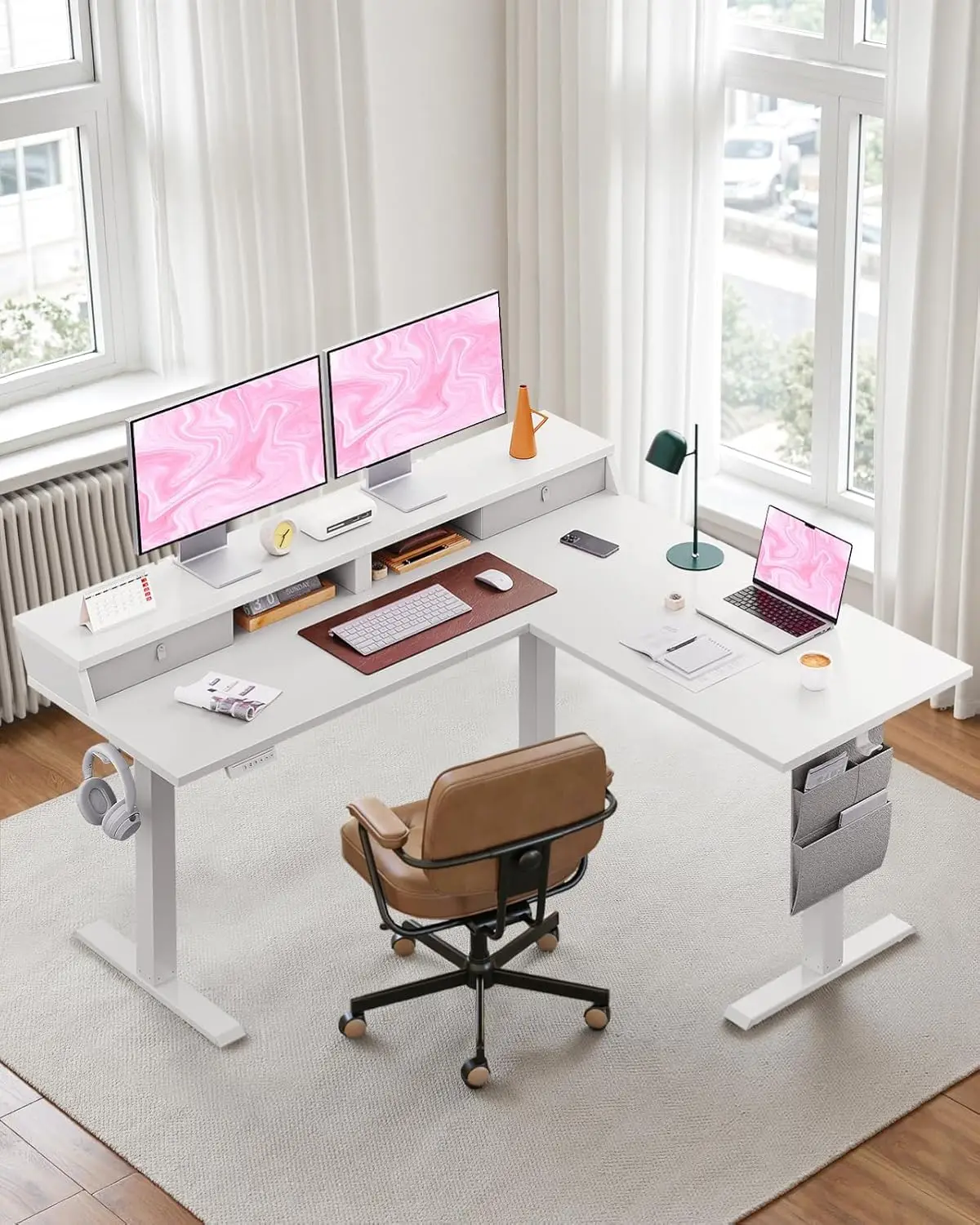 L Shaped Standing Desk with Drawers & Storage Shelf, 63 inch, Customized
