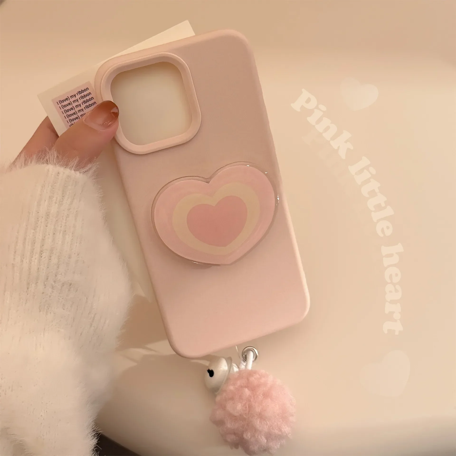 Korean Style Pink Heart-shaped Holder Ball Pendant Phone Case for IPhone16 15 14 12 13 11 Pro ProMax Plus Shockproof Phone Cover