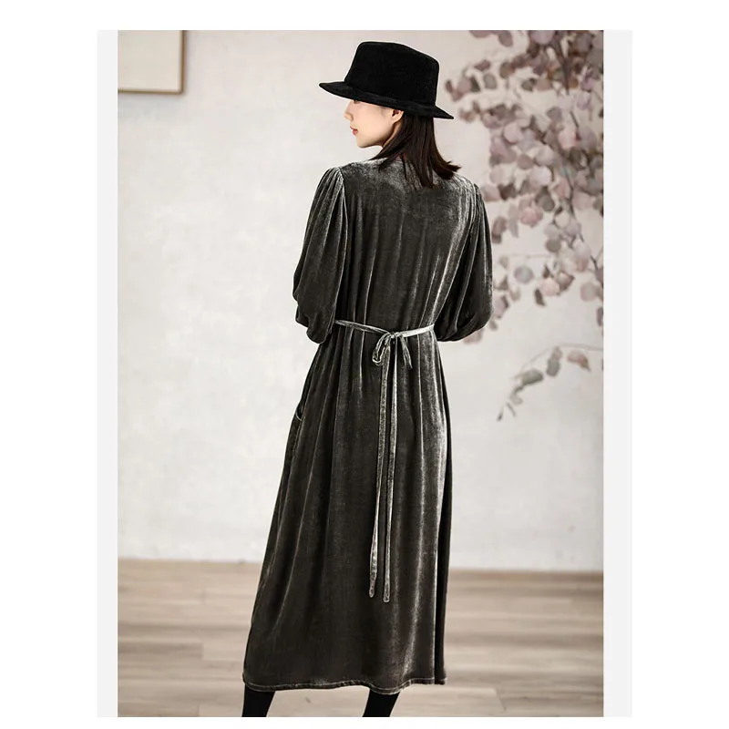 Silk Velvet Spring and Autumn Women Seven Points Lantern Sleeve Dress Loose Large Size Brown Temperament Vintage Elegant Outdoor