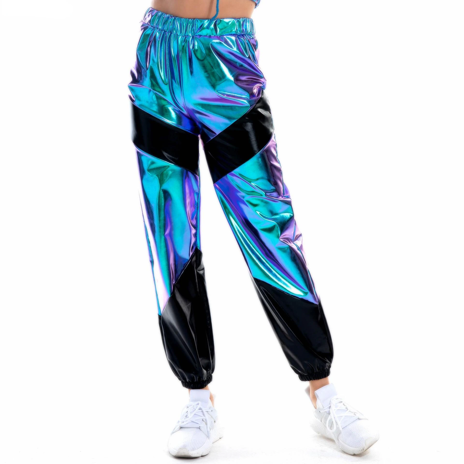 Women Reflective Long Pants with Pockets High Waist Loose Holographic Patchwork Trousers Club Dance Jogger Pants Clubwear