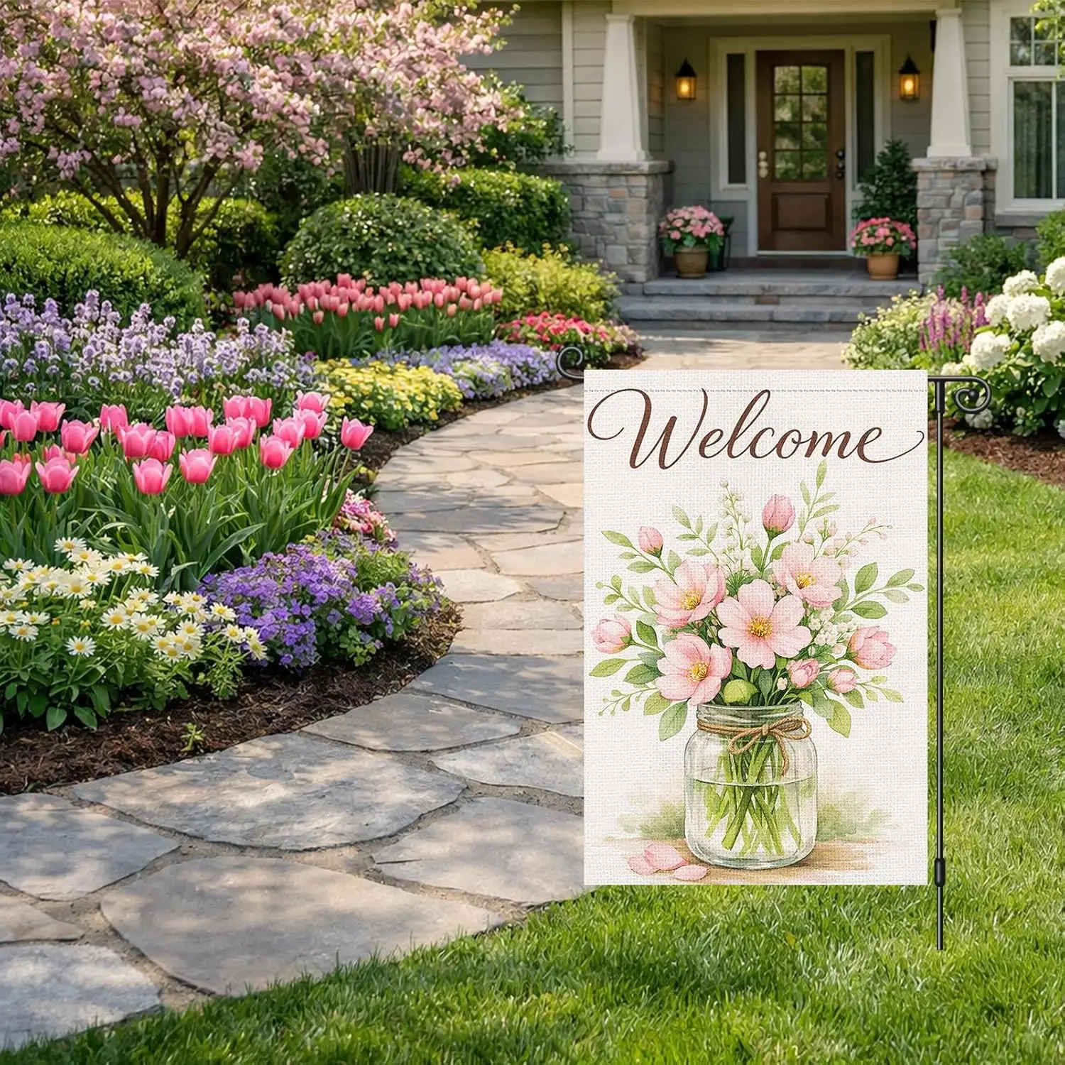Heyfibro Spring Garden Flag 12x18 Inch Double Sided Welcome Florals Blossom Jar Garden Flag Small Yard Flags for Outside Hou ZZM