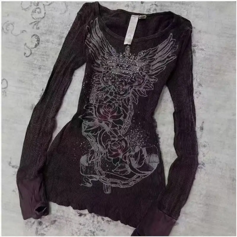 

Women's Spring/Autumn Top Long-sleeved T-shirt Vintage Second-hand Rose Print Round Neck Casual Niche Versatile Designer Unique
