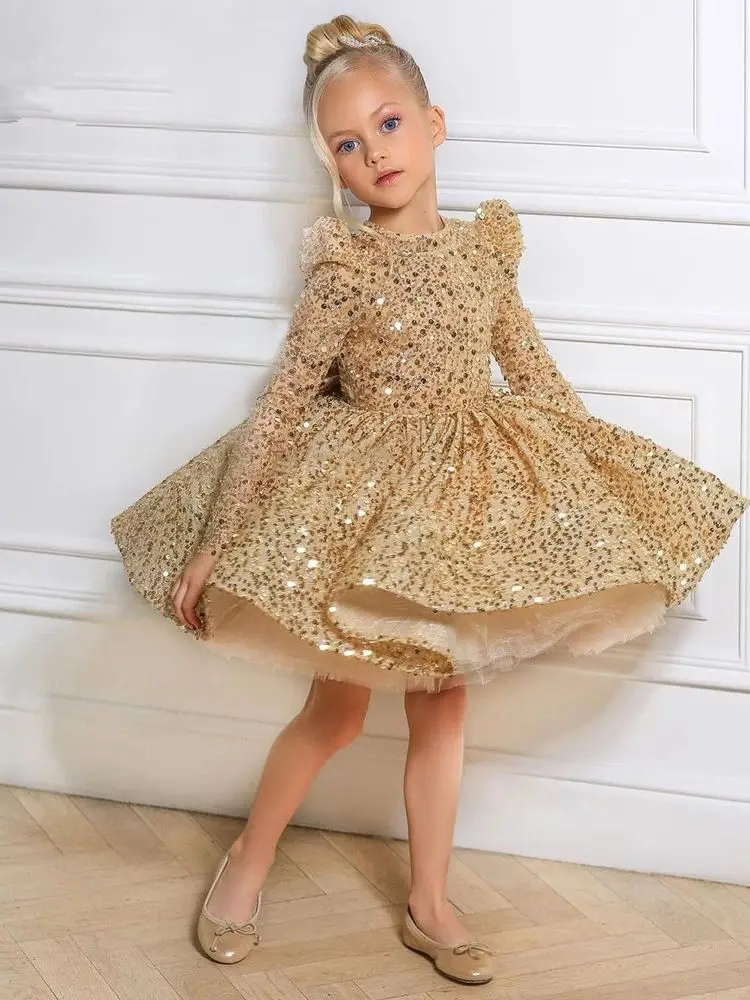 Golden Dress For Children Luxurious Party Dress For Girls Elegant Evening Dresses For Teenage Girls Party Frock For Wedding Kids