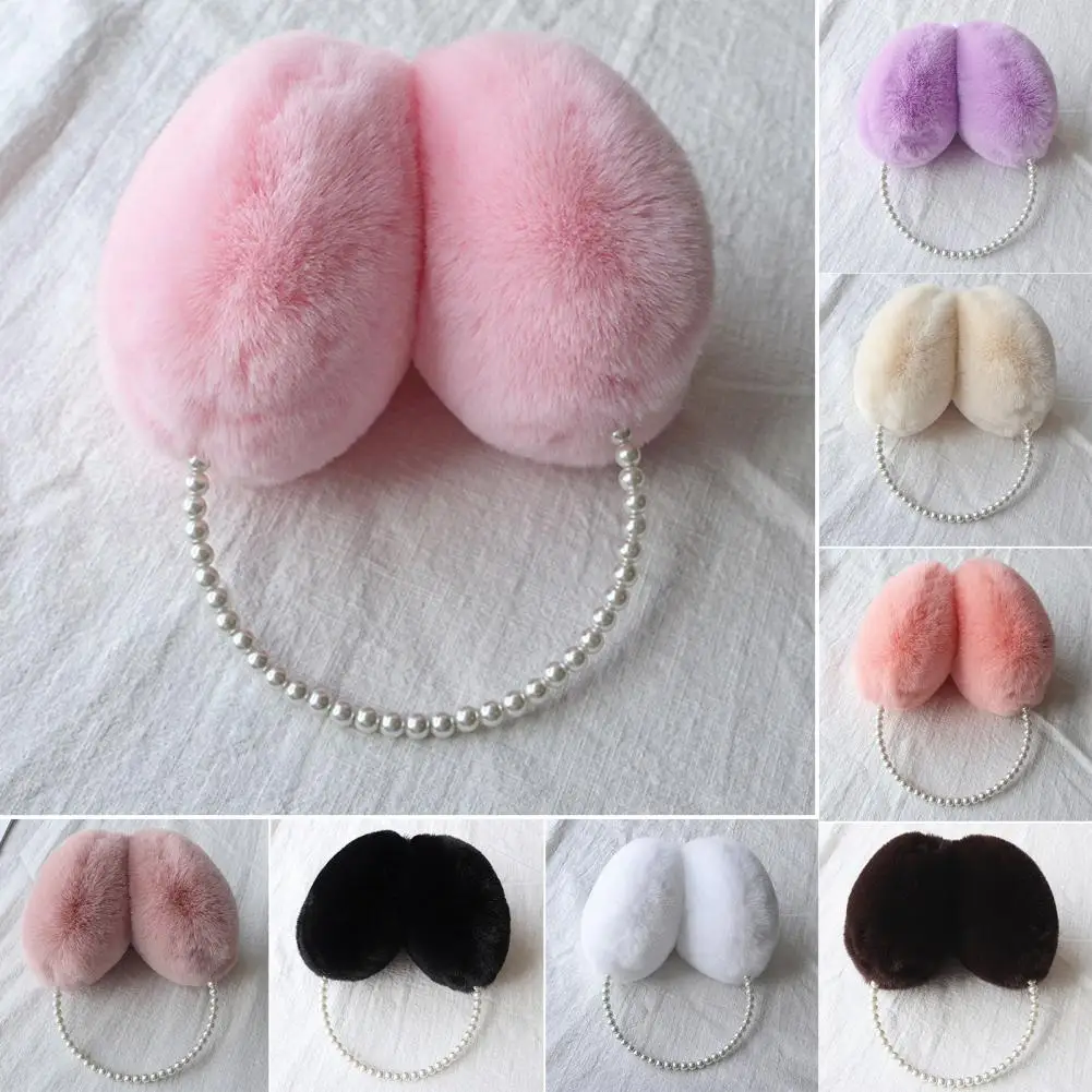 Cute Solid Color Plush Warm Earmuffs Girls Faux Pearls Winter Outdoor Ear Warmer Soft Furry Ear Covers