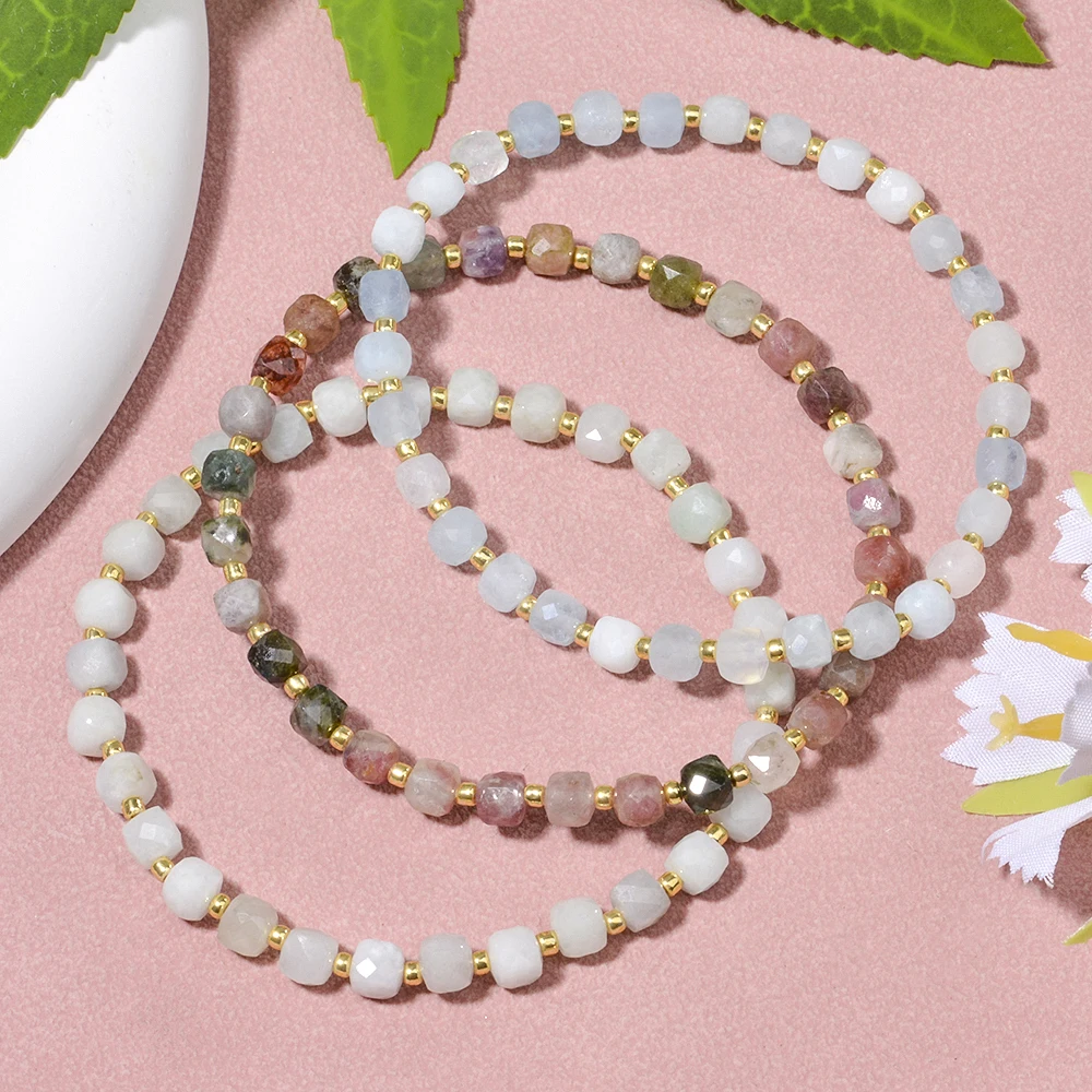 4mm pedra natural turmalina aquamarine facetado cubo contas e contas de semente pulseira elástica pulseira casual para mulher
