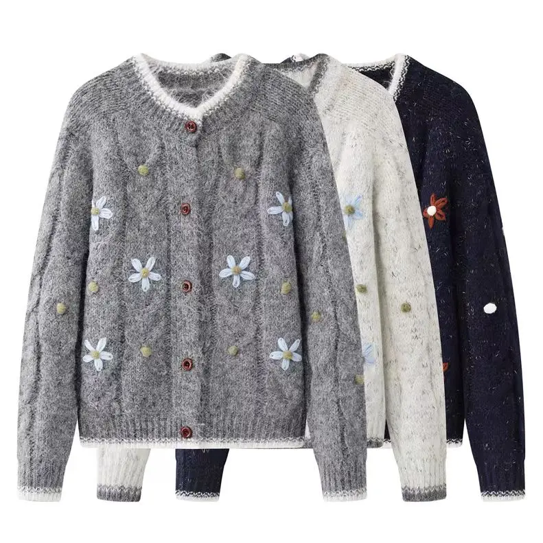

Retro Embroidered Floral Navy Blue Pullover Knitwear O-neck Grey Niche Harajuku Preppy Cardigan Women's Winter Trendy Clothing