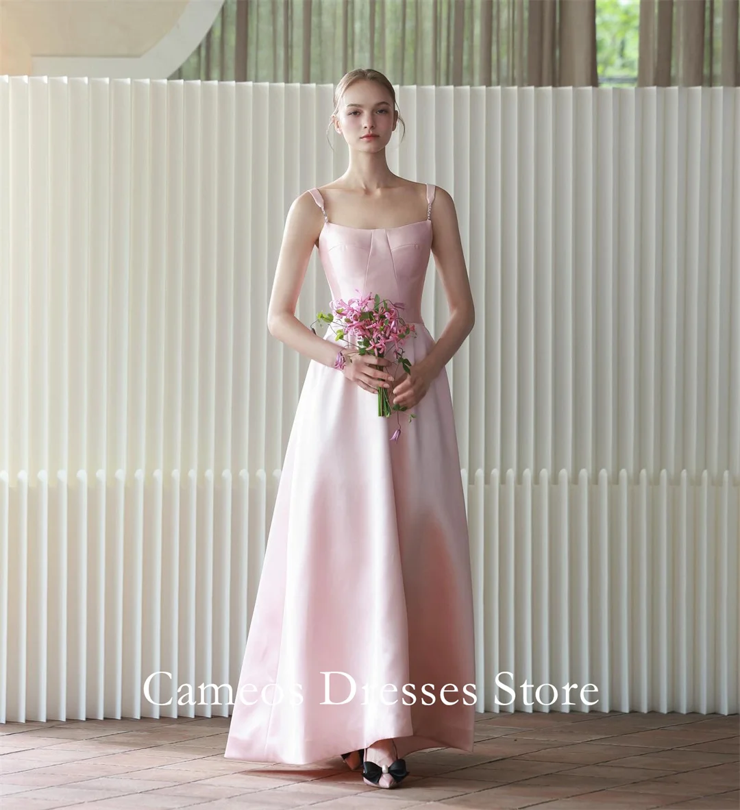 

SONDR Korea Spaghetti Straps Pink Evening Dress Customized Formal Prom Dress Satin Simple 웨딩드레스 Occasion Party Evening Gown