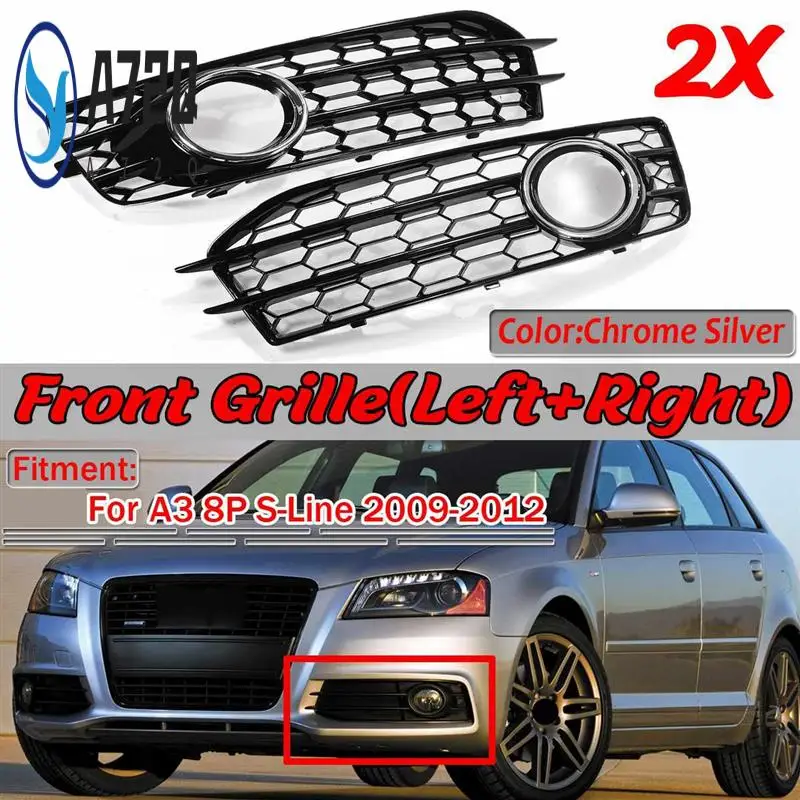 

A72Q-Chrome Car Front Bumper Fog Light Mesh Grille Accessories For A3 8P S-Line 2009-2012 Fog Lamp Honeycomb Grille Covers