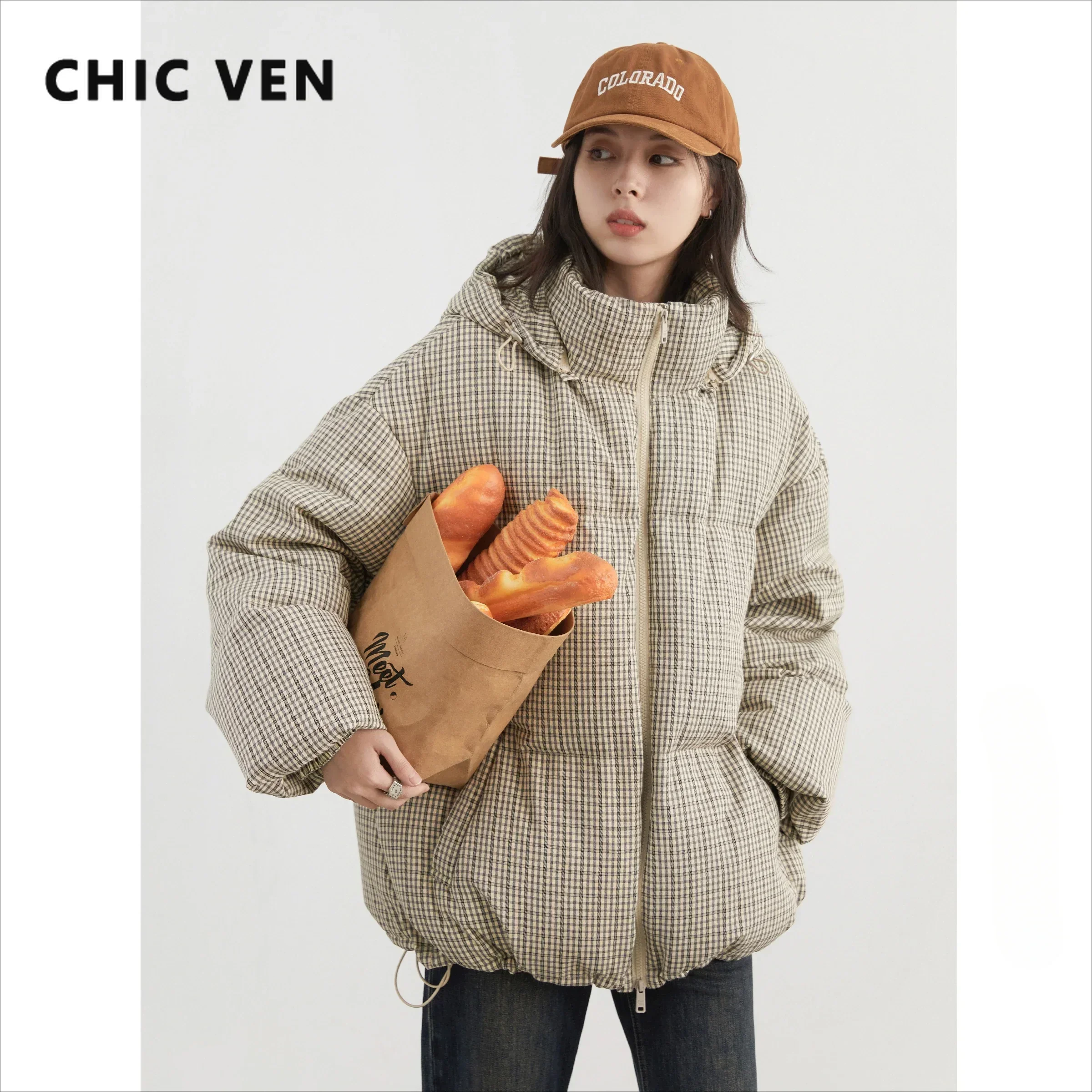 CHIC VEN Women Down Coats Loose New Hooded Plaid Turtle Back Down Jacket 90 White Duck Down Female Clothing Winter New 2024