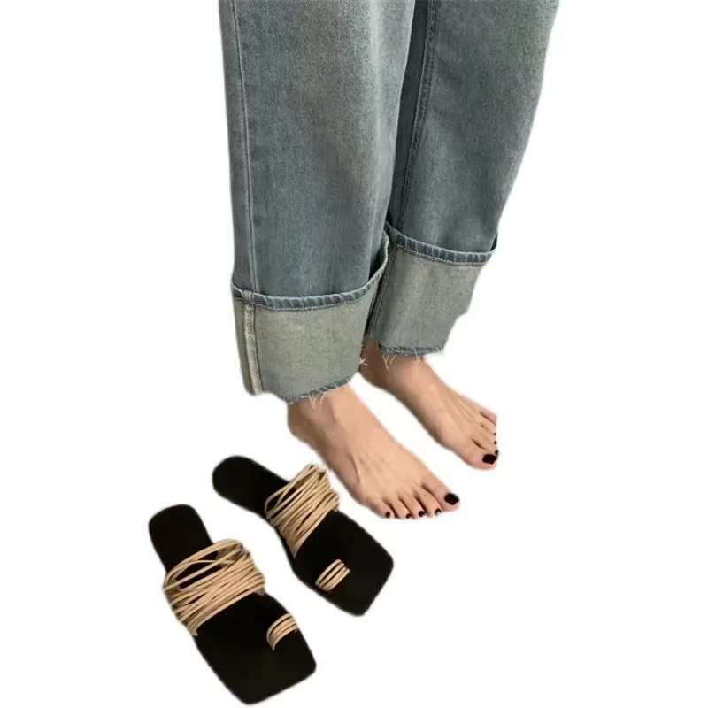 Zapatillas Mujer Elegant Casual Sandals Thin Band Simplicity Soft Sole Slippers SquareToe Open-toe Women Shoe Flat Beach Sandals