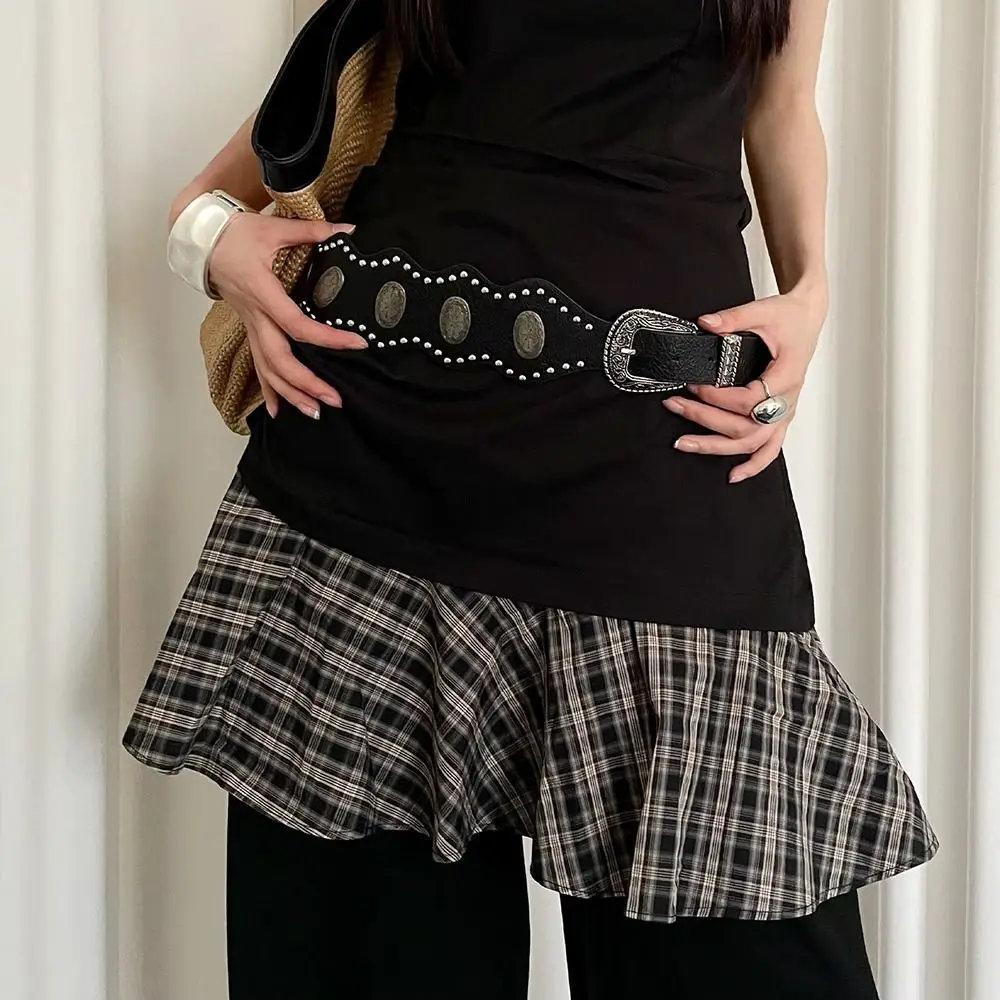 العصرية خمر حزام المرأة برشام Y2k حزام الخصر الجلدي فستان قوطي أسود حزام الجينز الخصر الديكور #4