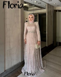 East Middle Long Sleeve Pink Evening Dresses Cape Sleeve A Line Wedding Party Gowns Plus Size Vestido Boda Invitada Elegante