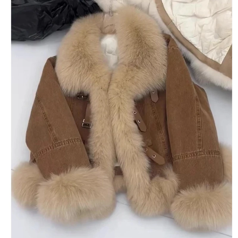 Hot Sales 2025 Autumn/Winter New Slim Large Collar Fox Fur Coat Goose Down Inner High Quality Warm Fluffy Big Collar Short Suede