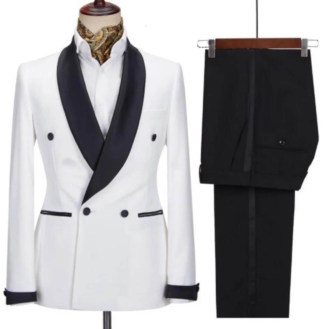 

Men Suit 2 Pieces White Black With Bright Lapel Double Button For Wedding Groom Banquet Work Business Daily Jacket And Pants