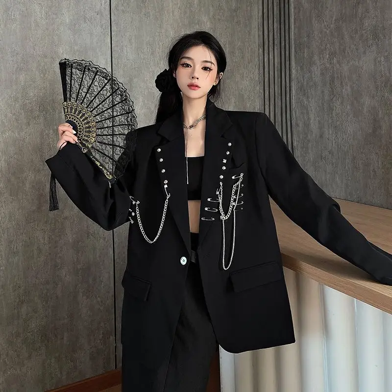 Черные пиджаки с цепочкой, пиджак, женское пальто, весна-осень, новый свободный повседневный костюм с подкладкой на плечах
