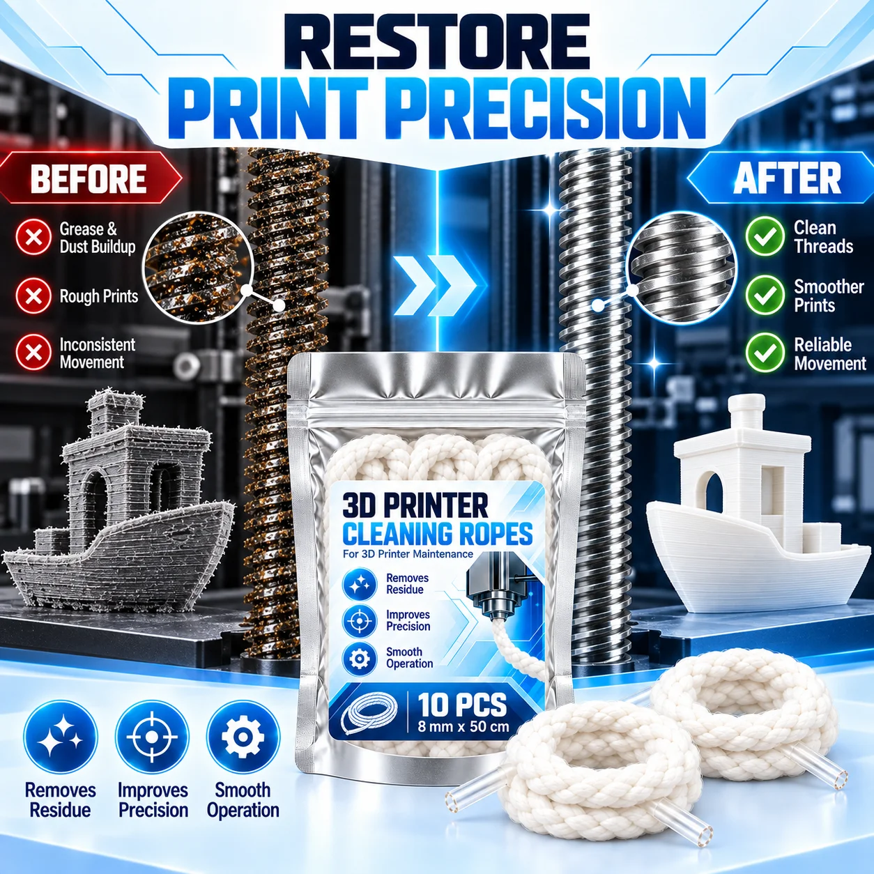4Pcs/10Pcs 8mm x 50cm 3D Printer Cleaning Rope, Microfiber Lead Screw Cleaner for Z Axis Rods Rails, FDM Maintenance Tool