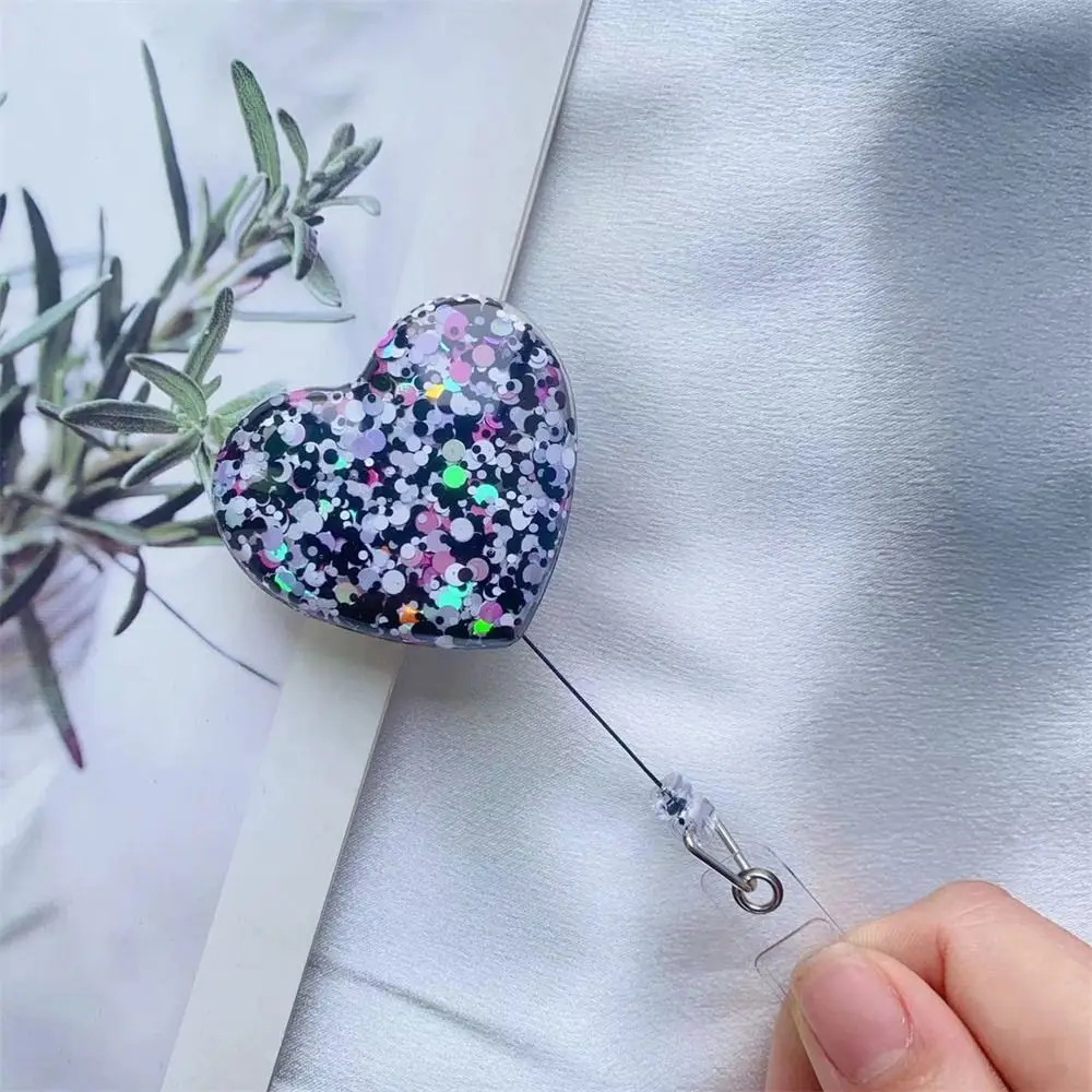 Love Heart Retractable Badge Holder Bling Glitter 360 Rotating Nurse Badge Reel Exhibition Card Alligator Swivel Clip
