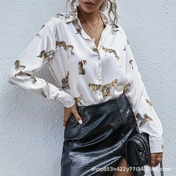 Elegant Style Tiger Print Shirt Women's Lapel Long Sleeve Single-breasted Cardigan Tops Ladies Commuter Loose Blouse Large Size