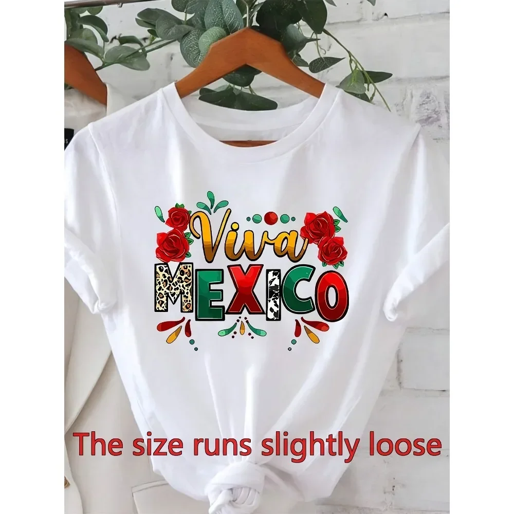 

- Women'S T-Shirt for Mexican Independence Day - Viva Mexico Graphic Tee Featuring Floral Roses - Casual Party Outfit for S -