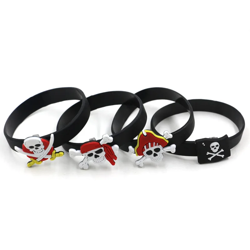 Pulseras de calavera pirata para niños, pulsera de anillo, decoración de fiesta de cumpleaños temática de pirata caribeño