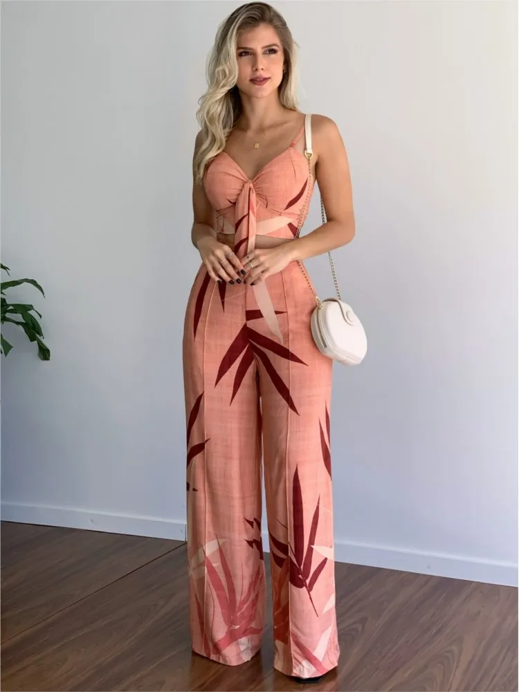 Sexy V Neck Sleeveless Tops Pants Set Office Lady Spring Summer Casual Print Blouse Trousers Two Piece Set Women Outfit 2023