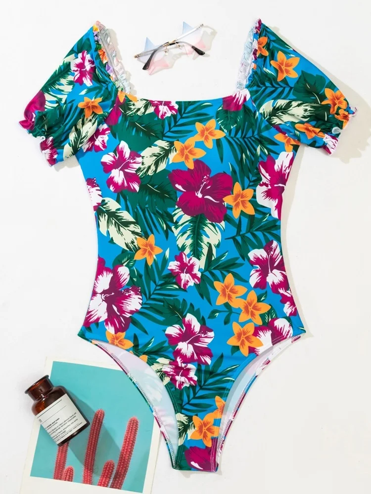 ملابس سباحة نسائية من قطعة واحدة بطبعة زهور ، ملابس سباحة بكشكشة ، بدلة سباحة بخصر مرتفع ، مونوكيني مثير ، ملابس شاطئ صيفية