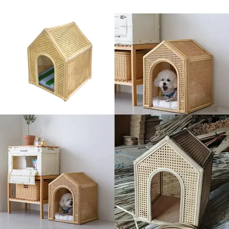 Handmade Natural Rattan Pet Bed with Roof for Cats and Puppies Korean Style Indoor Kennel
