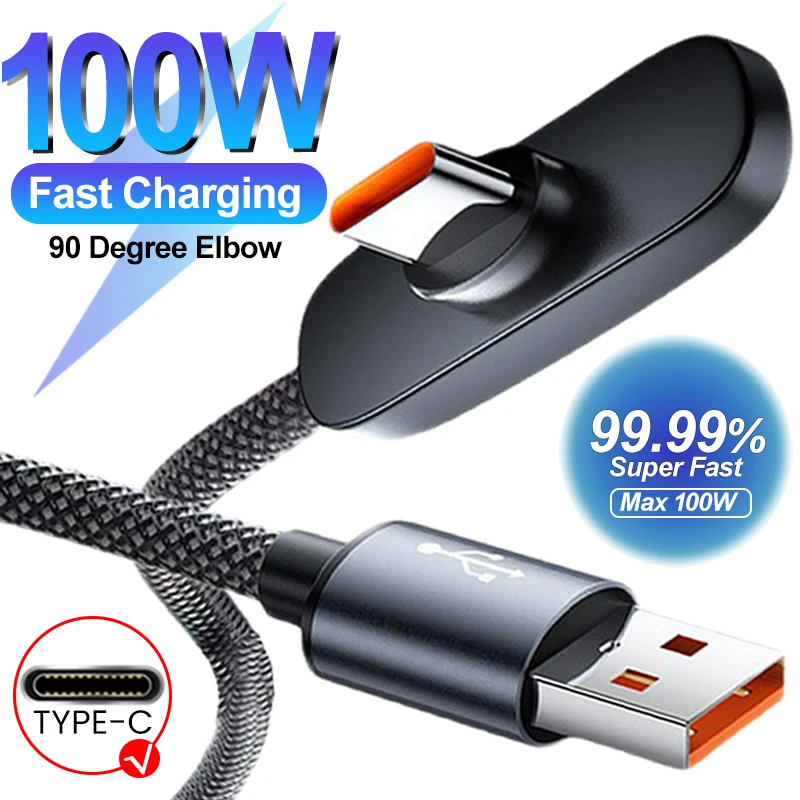 100 Watt PD Type C USB Cable Right Angle Elbow Metal Aluminum Plug Robust Woven Quick Power Charging Smooth Data Gaming Wire