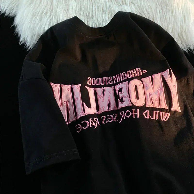 خمر النمط الأمريكي الشارع الطباعة قصيرة الأكمام تي شيرت للنساء العلامة التجارية العصرية نصف كم الخمول نمط أعلى الجرافيك تي شيرت