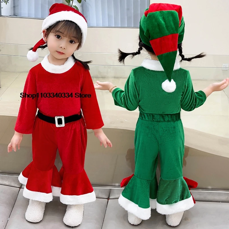 Kids Christmas Pants Green Set for Girl 3PCS Hat+Top+Pants Xmas Elf Costume New Year Family Party Role Playing Outfit Performanc