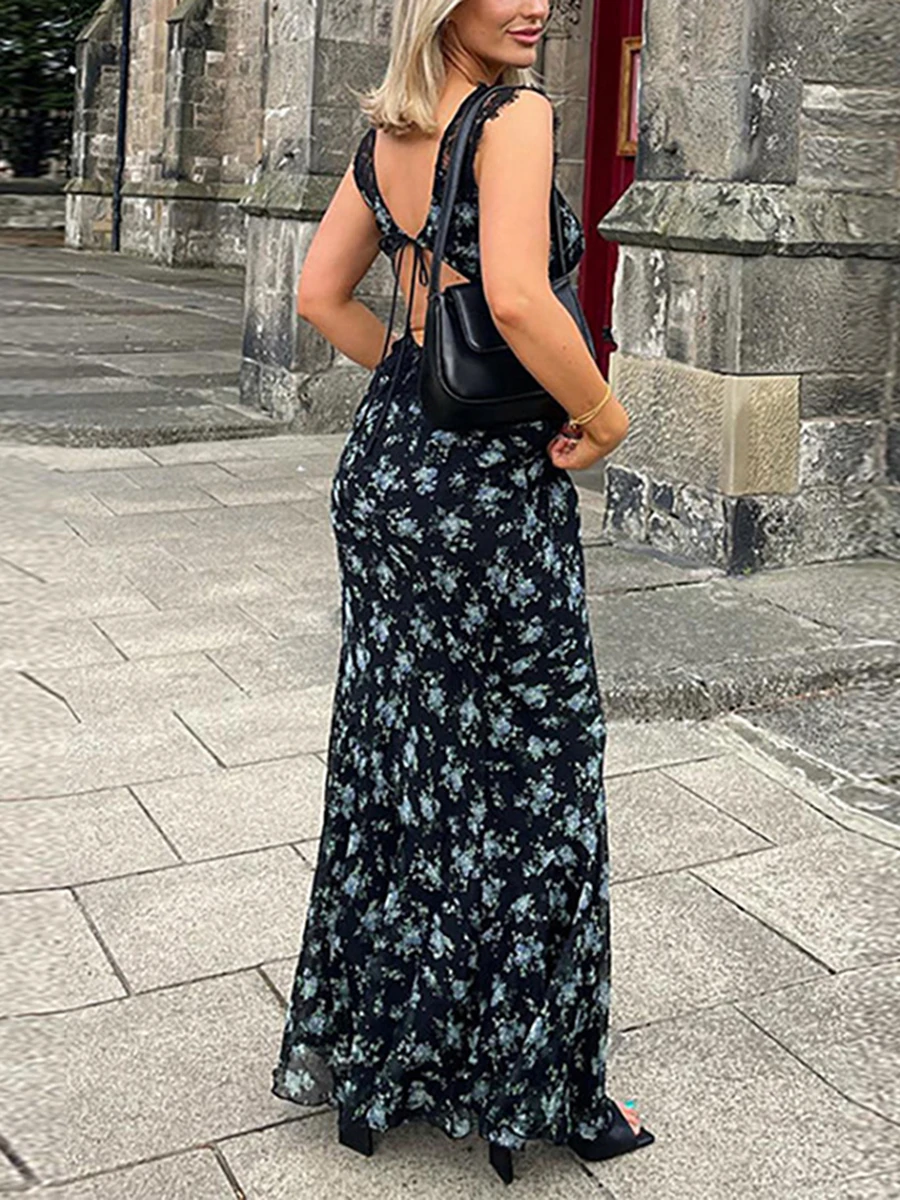 Women Summer Sleeveless Dress Floral Print Lace V Neck Long Dress Slim Fit Party Dress Going out Dress