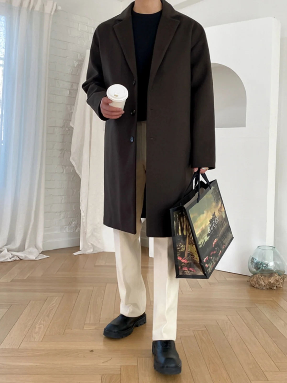 

MRCYC Korean Sle Men's Woolen Coat Loose Fit Mid-Length Ele Winter Knee-Over Outerwear Faionable Single-Breasted
