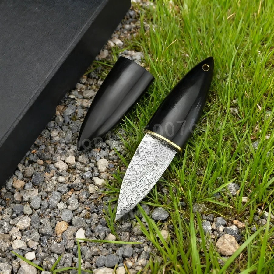 

Мини-прямой нож, лезвие из дамасской стали, ручка из черного дерева, портативный бытовой нож для фруктов, EDC, ручной инструмент, практичный режущий нож